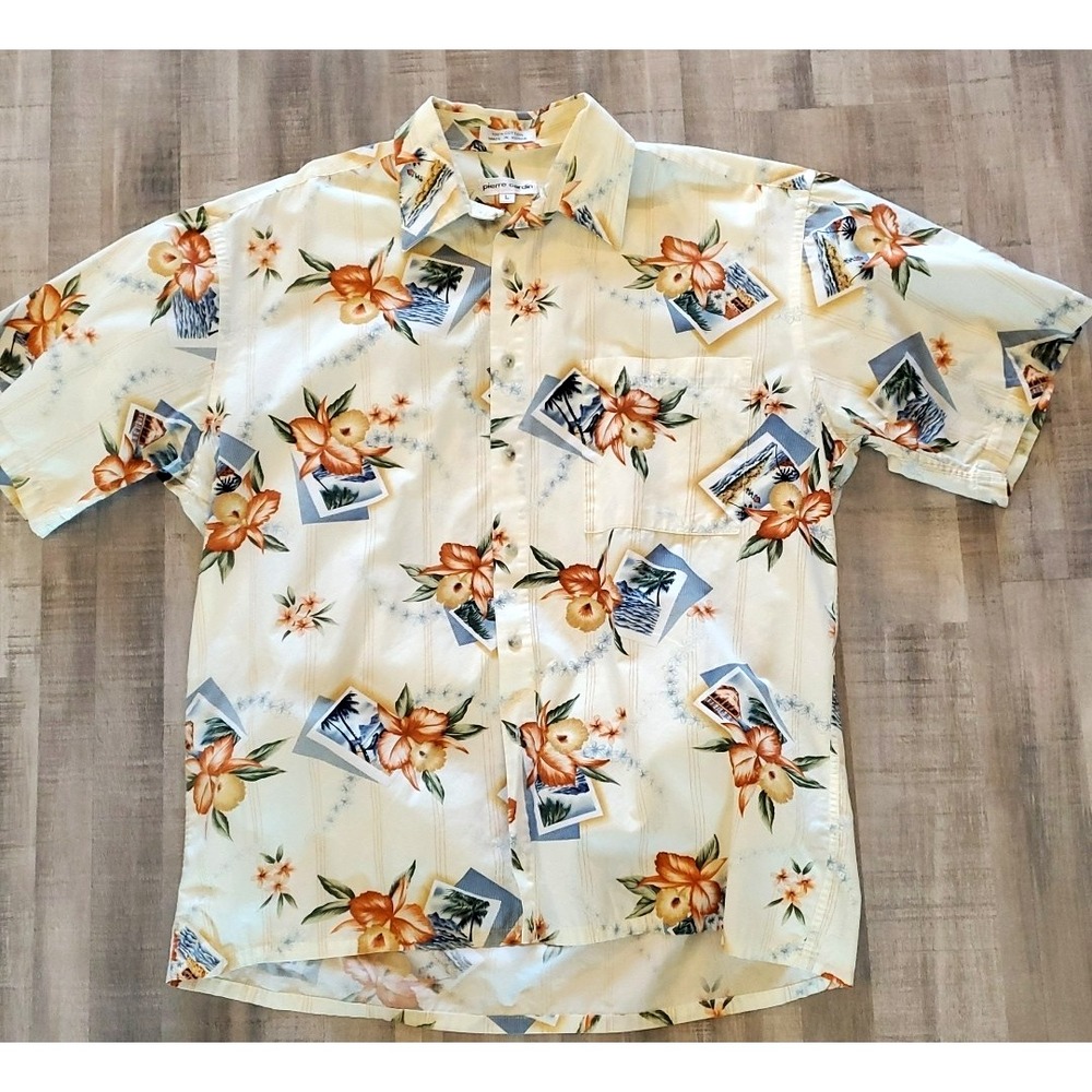 PIERRE‎ CARDIN Mens Lg Vintage Shirt Cream Orange Floral Cotton Hawaiian Aloha